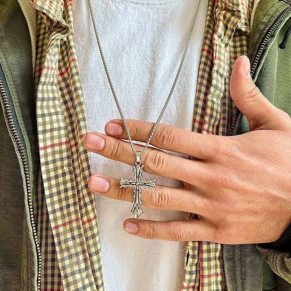 y2k grunge chrome silver cross pendant necklace